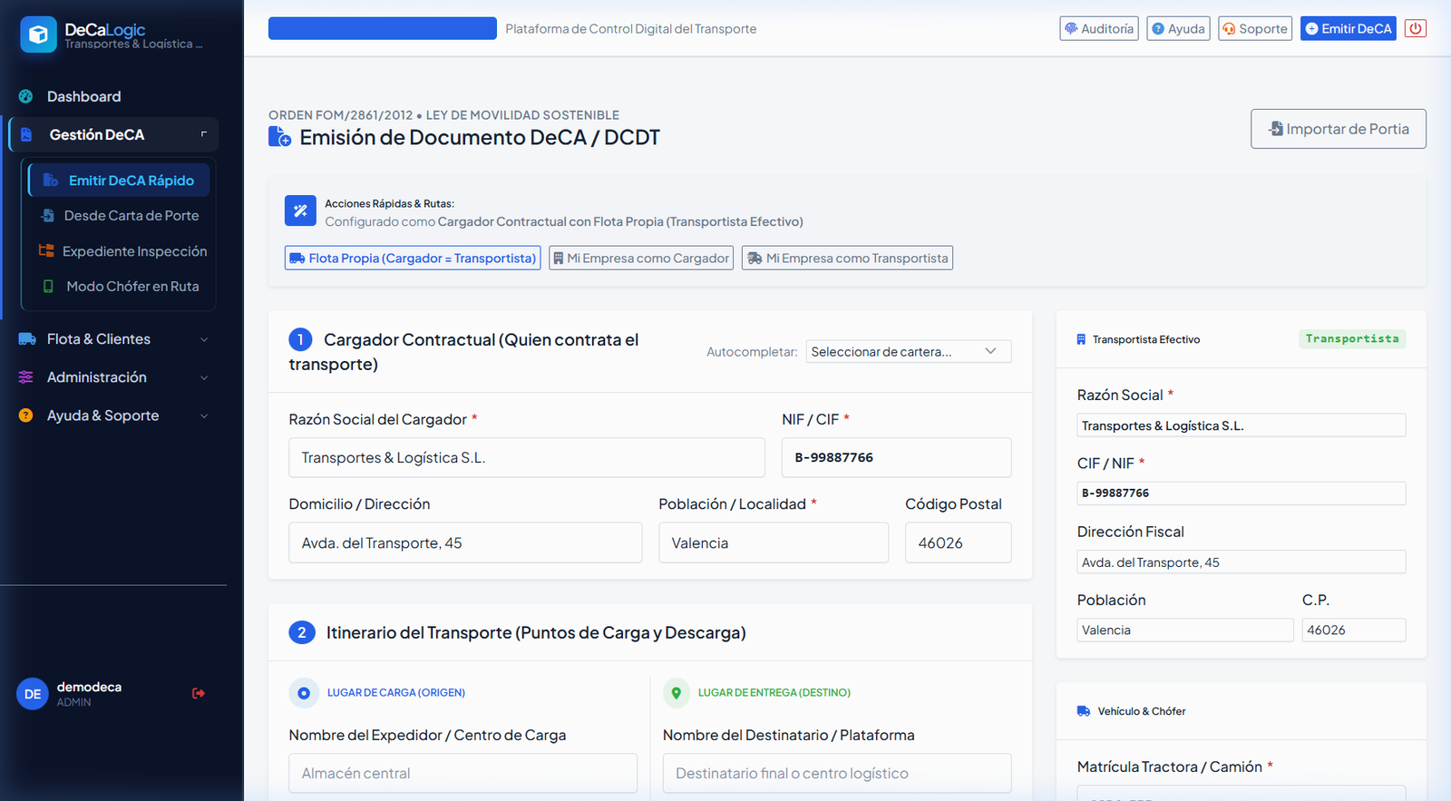 Formulario de Emisión DeCA DeCaLogic